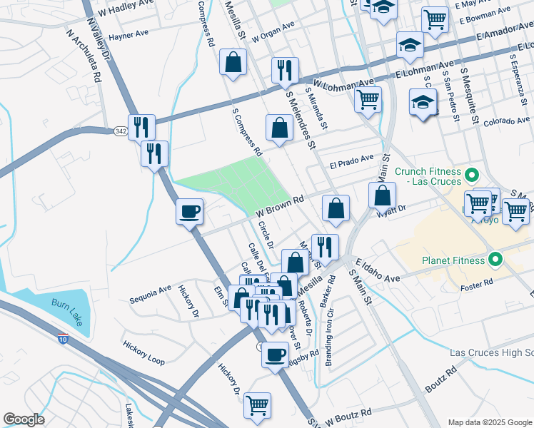 map of restaurants, bars, coffee shops, grocery stores, and more near 1065 West Brown Road in Las Cruces