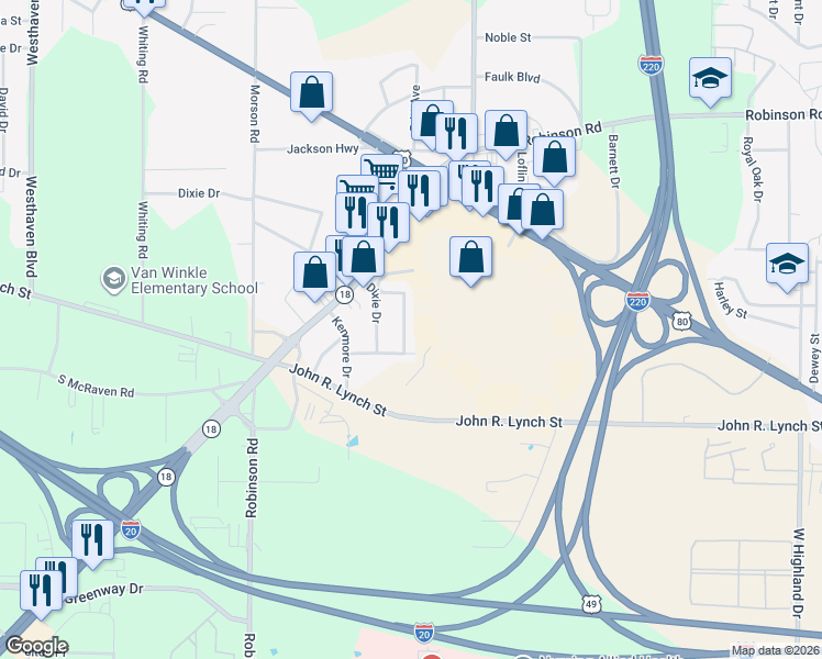 map of restaurants, bars, coffee shops, grocery stores, and more near 1738 Hampton Street in Jackson