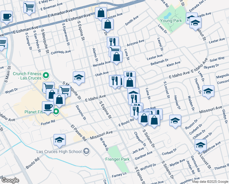 map of restaurants, bars, coffee shops, grocery stores, and more near 1228 South Solano Drive in Las Cruces