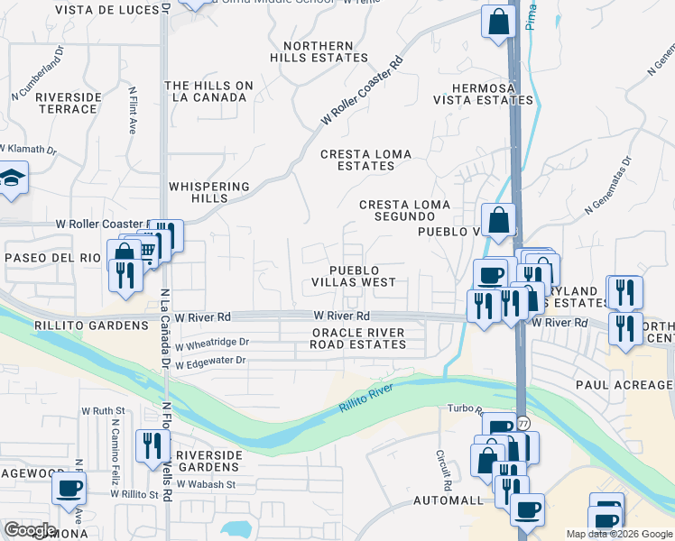 map of restaurants, bars, coffee shops, grocery stores, and more near 5088 North Ocean Avenue in Tucson