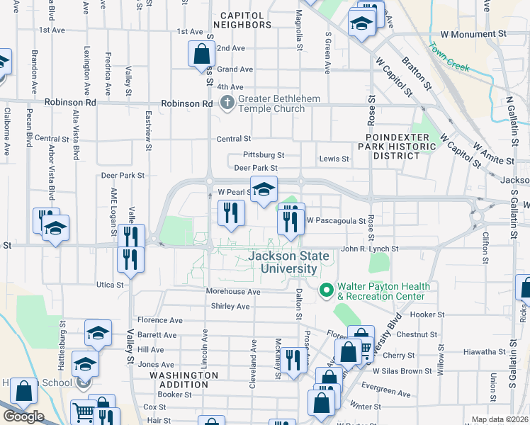 map of restaurants, bars, coffee shops, grocery stores, and more near 1311 West Pearl Street in Jackson