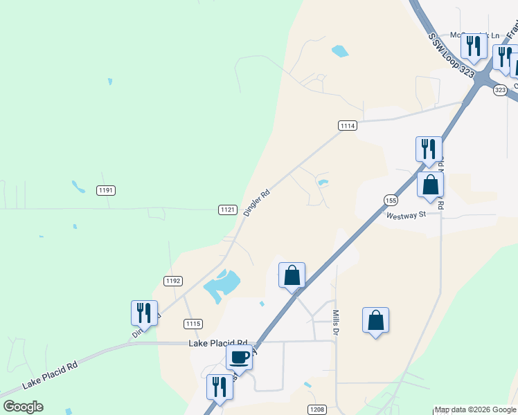 map of restaurants, bars, coffee shops, grocery stores, and more near 12549 County Road 1114 in Tyler