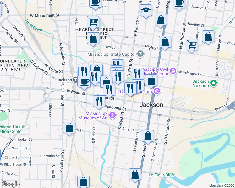 map of restaurants, bars, coffee shops, grocery stores, and more near 225 East Capitol Street in Jackson