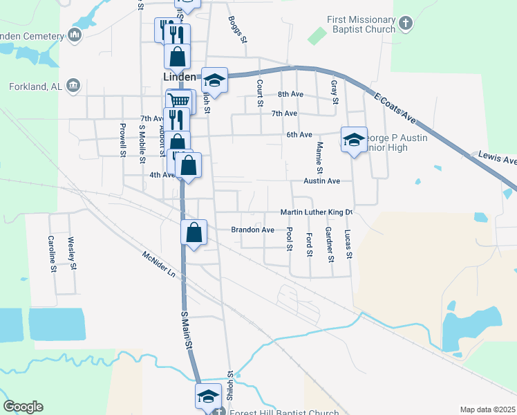 map of restaurants, bars, coffee shops, grocery stores, and more near 501 Martin Luther King Drive in Linden