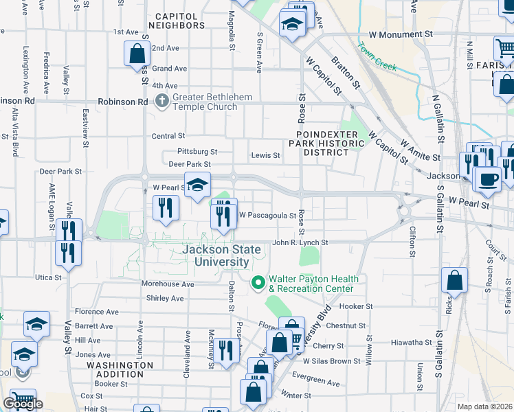 map of restaurants, bars, coffee shops, grocery stores, and more near 1127 Isaiah Montgomery Street in Jackson