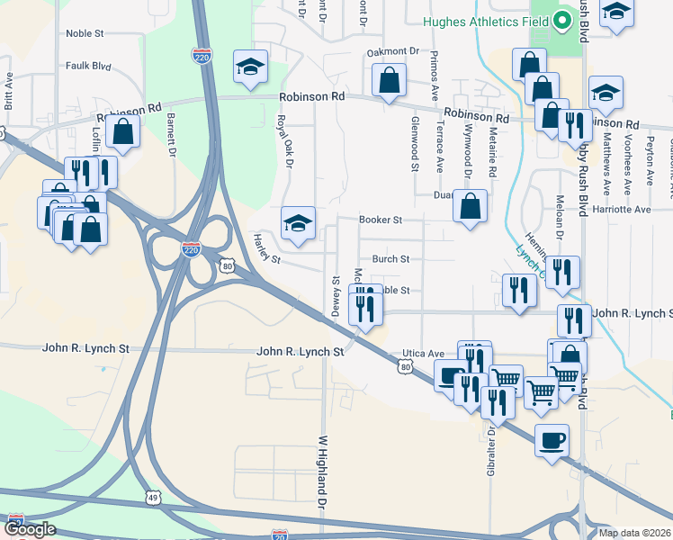 map of restaurants, bars, coffee shops, grocery stores, and more near 1159 Dewey Street in Jackson