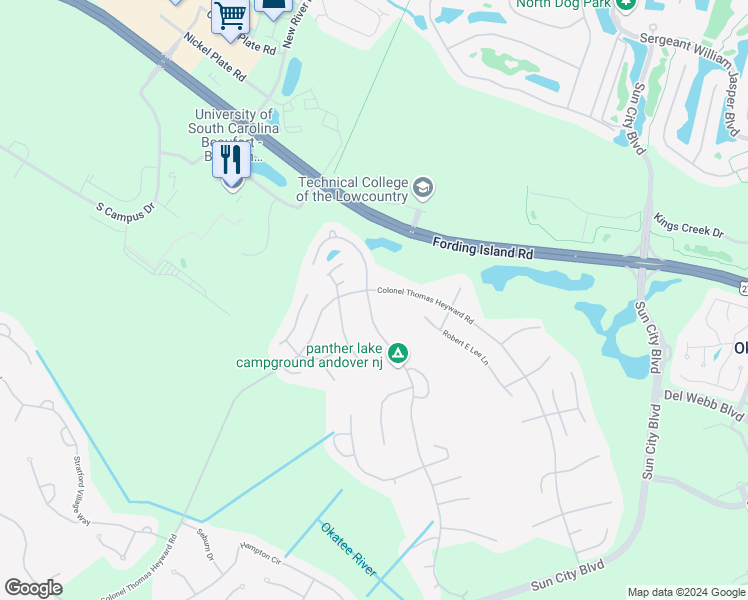 map of restaurants, bars, coffee shops, grocery stores, and more near 614 Argent Way in Bluffton