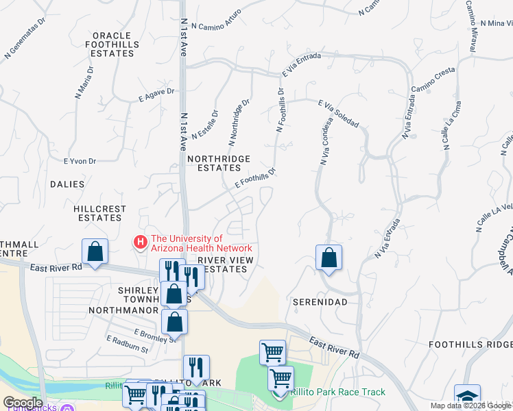 map of restaurants, bars, coffee shops, grocery stores, and more near 5117 North Pelican River Way in Tucson