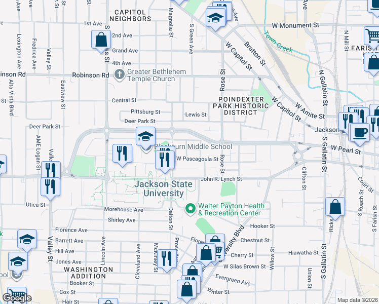 map of restaurants, bars, coffee shops, grocery stores, and more near 1127 Isaiah Montgomery Street in Jackson