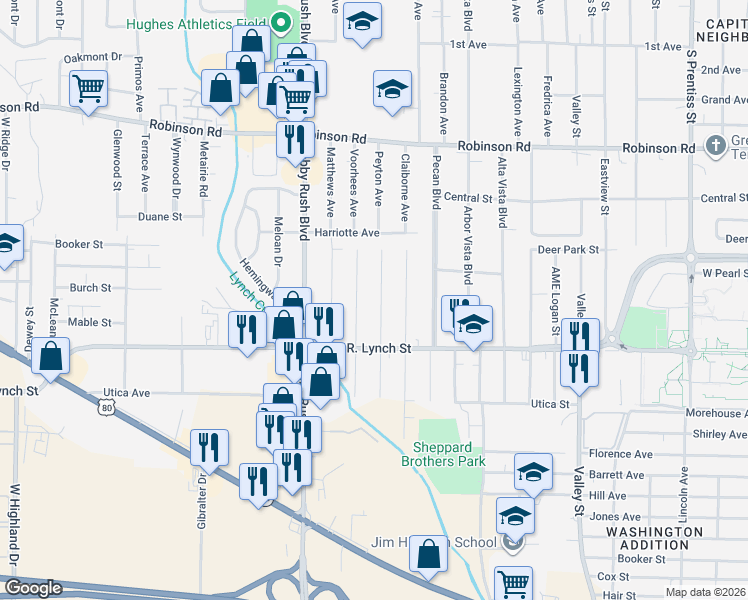 map of restaurants, bars, coffee shops, grocery stores, and more near 1138 Macon Street in Jackson