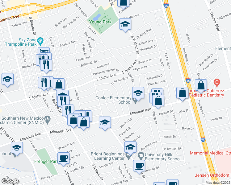 map of restaurants, bars, coffee shops, grocery stores, and more near 1408 Walden Drive in Las Cruces
