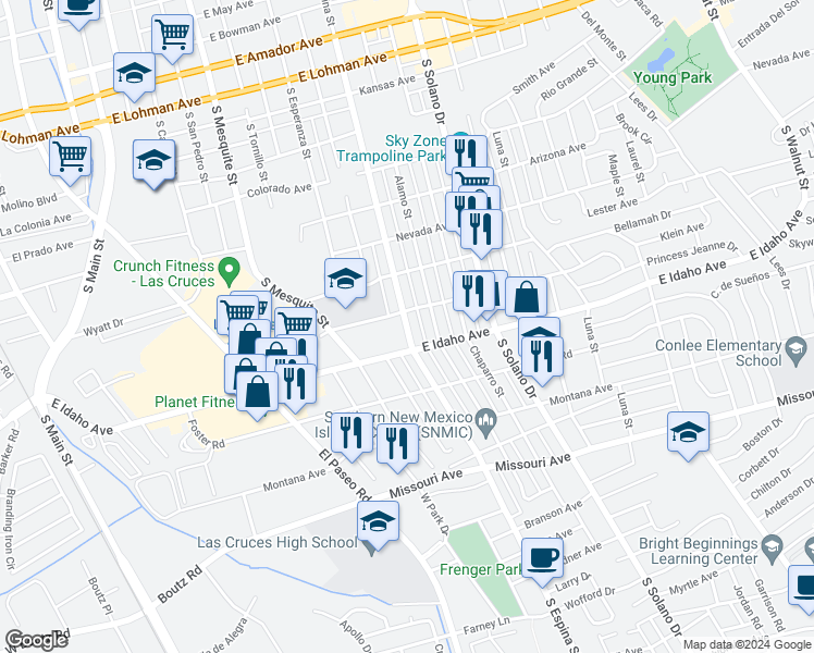 map of restaurants, bars, coffee shops, grocery stores, and more near 1241 South Espina Street in Las Cruces