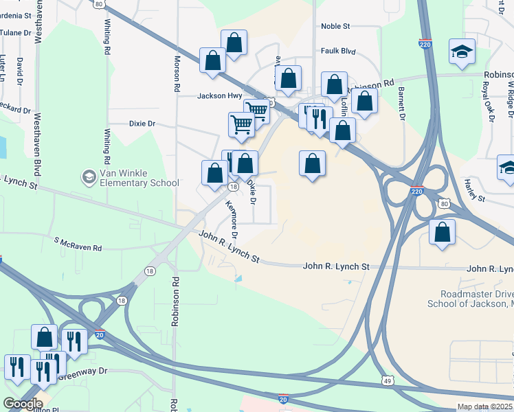 map of restaurants, bars, coffee shops, grocery stores, and more near 1734 Dixie Drive in Jackson