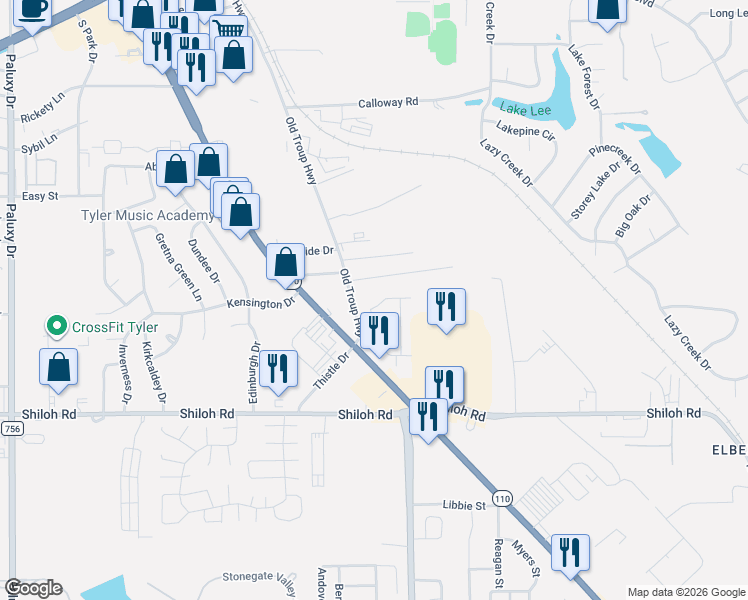 map of restaurants, bars, coffee shops, grocery stores, and more near 2708 Navaho Trail in Tyler