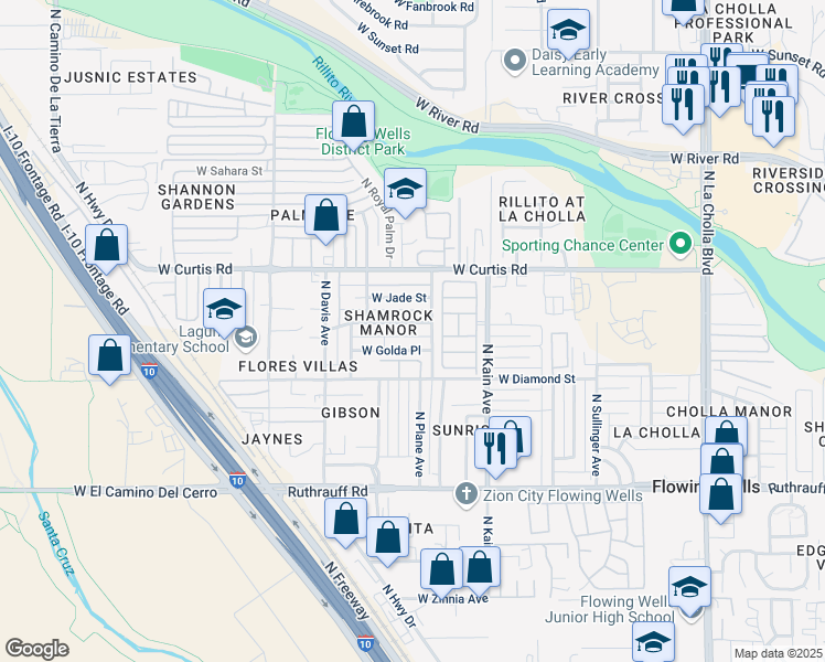 map of restaurants, bars, coffee shops, grocery stores, and more near 2641 West Kimberly Street in Tucson