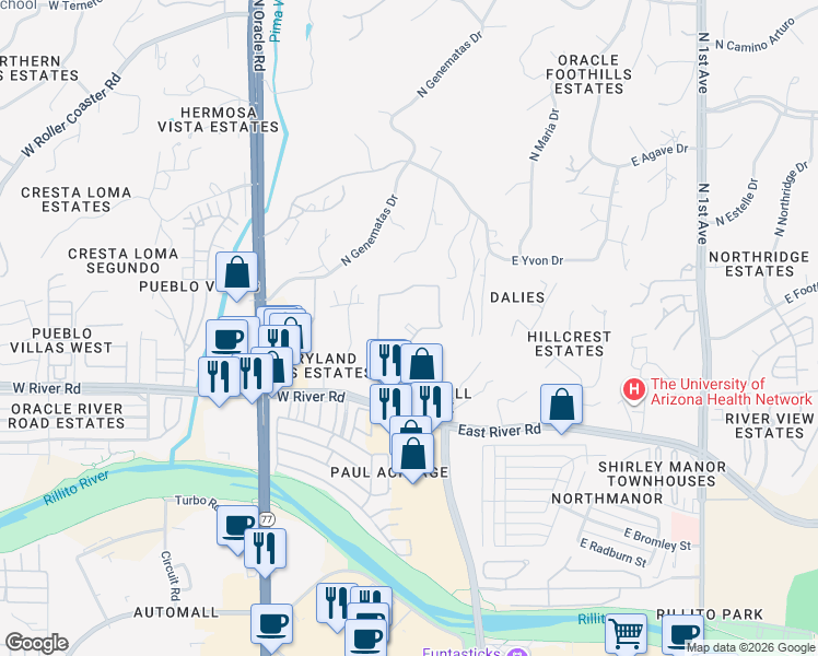 map of restaurants, bars, coffee shops, grocery stores, and more near 64 West Stone Loop in Tucson