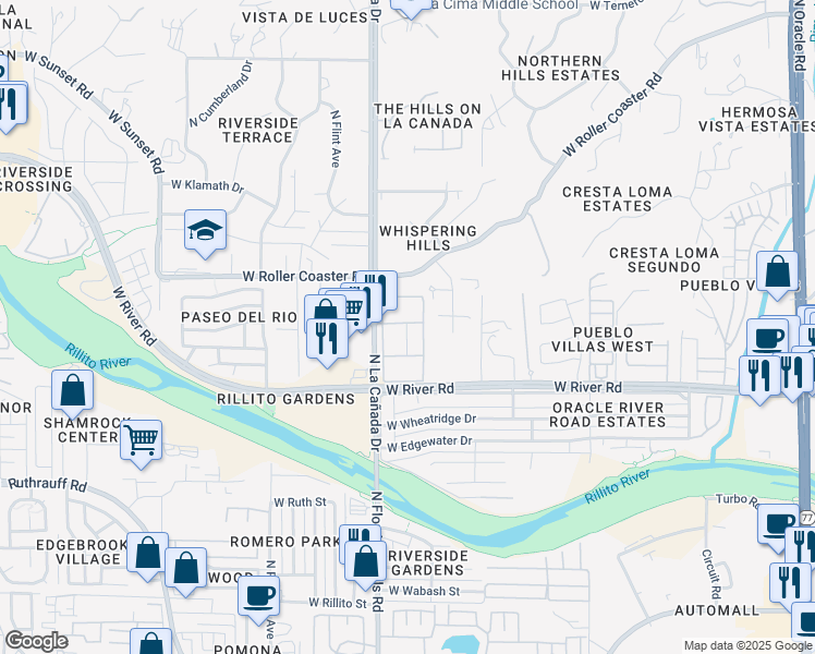 map of restaurants, bars, coffee shops, grocery stores, and more near 1341 West Yaqui Drive in Tucson