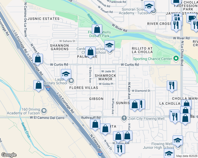 map of restaurants, bars, coffee shops, grocery stores, and more near 2725 West Kimberly Street in Tucson