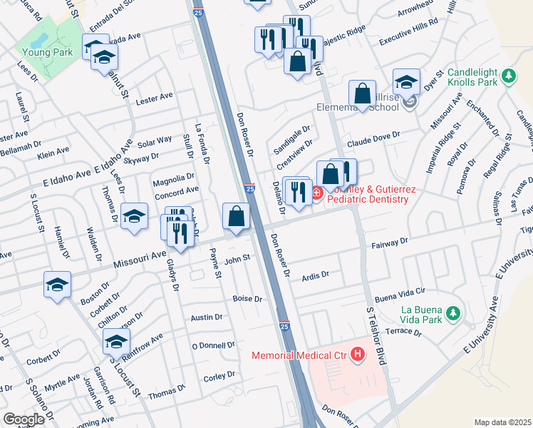 map of restaurants, bars, coffee shops, grocery stores, and more near 1685 South Don Roser Drive in Las Cruces