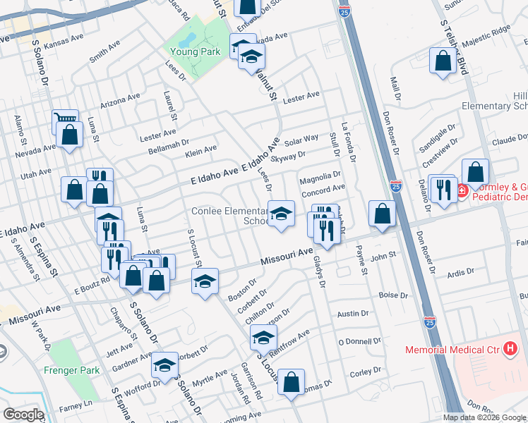map of restaurants, bars, coffee shops, grocery stores, and more near 1424 Lees Dr in Las Cruces