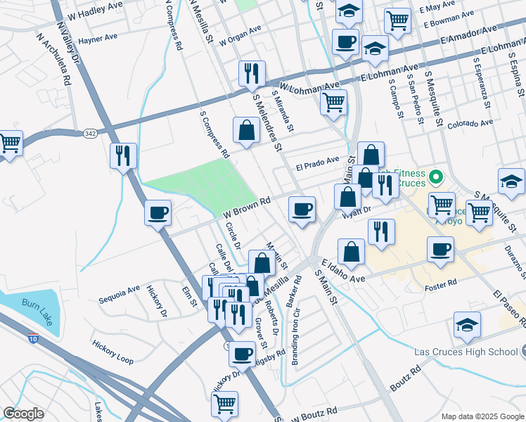 map of restaurants, bars, coffee shops, grocery stores, and more near 1112 Old West Way in Las Cruces