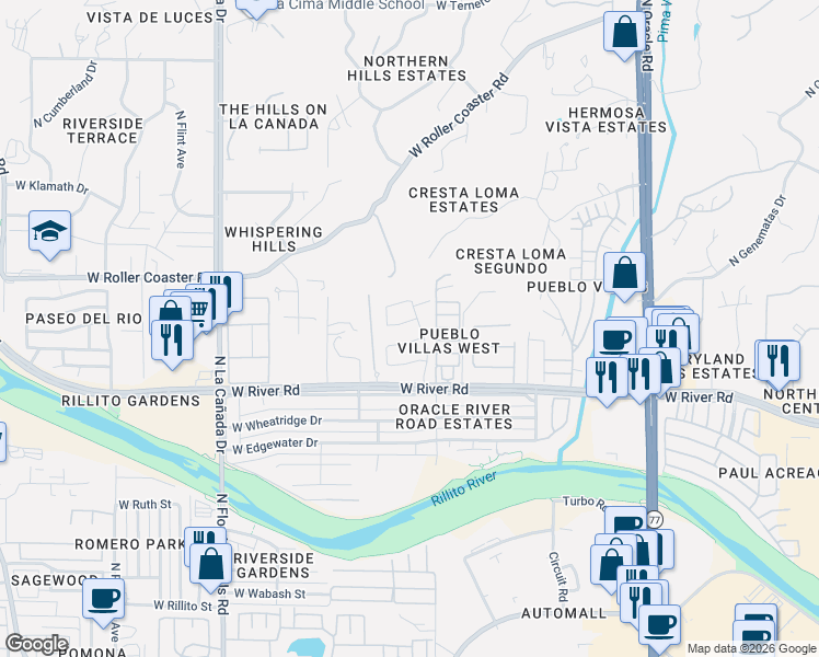 map of restaurants, bars, coffee shops, grocery stores, and more near 1057 West Sea Lion Drive in Tucson