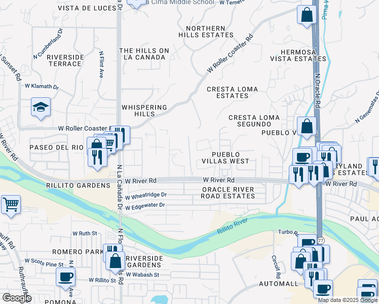 map of restaurants, bars, coffee shops, grocery stores, and more near 1000 West River Road in Tucson