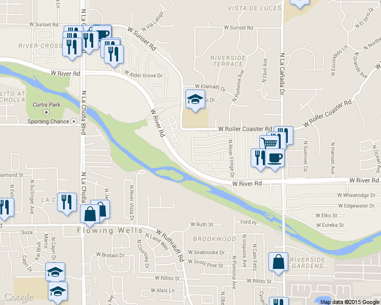map of restaurants, bars, coffee shops, grocery stores, and more near 5097 North Cliffed River Drive in Tucson