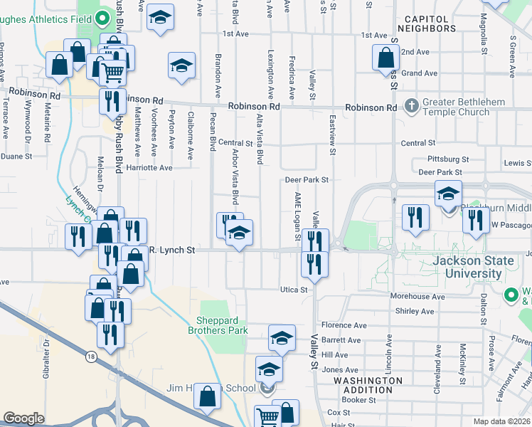 map of restaurants, bars, coffee shops, grocery stores, and more near 1124 Alta Vista Boulevard in Jackson