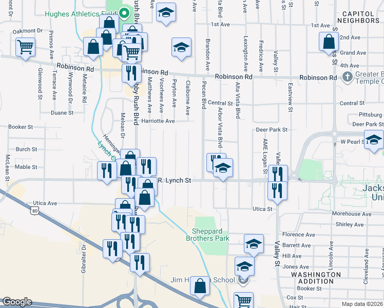 map of restaurants, bars, coffee shops, grocery stores, and more near 1139 Aberdeen Street in Jackson