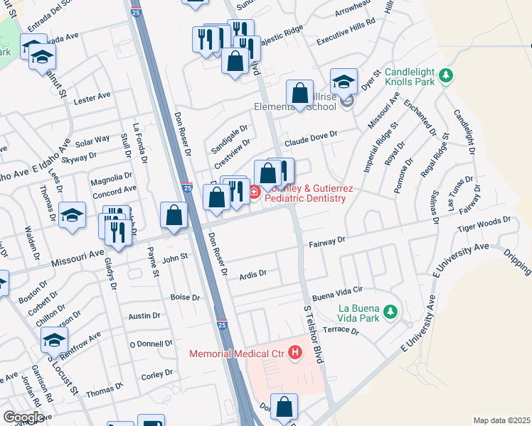 map of restaurants, bars, coffee shops, grocery stores, and more near 2770 Missouri Avenue in Las Cruces