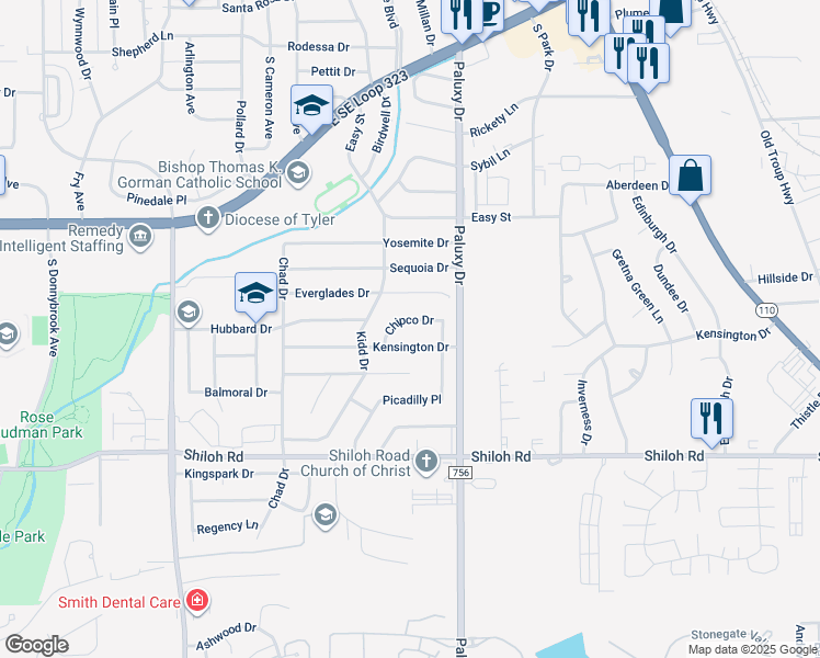 map of restaurants, bars, coffee shops, grocery stores, and more near 1708 Chipco Drive in Tyler