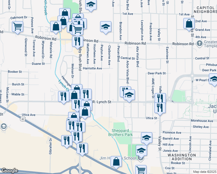 map of restaurants, bars, coffee shops, grocery stores, and more near 1139 Aberdeen Street in Jackson