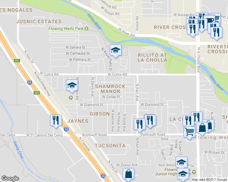 map of restaurants, bars, coffee shops, grocery stores, and more near 2641 West Kimberly Street in Tucson