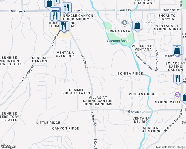 map of restaurants, bars, coffee shops, grocery stores, and more near 7181 East Rainbow Canyon Drive in Tucson