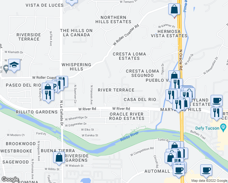 map of restaurants, bars, coffee shops, grocery stores, and more near 1057 West Sea Lion Drive in Tucson