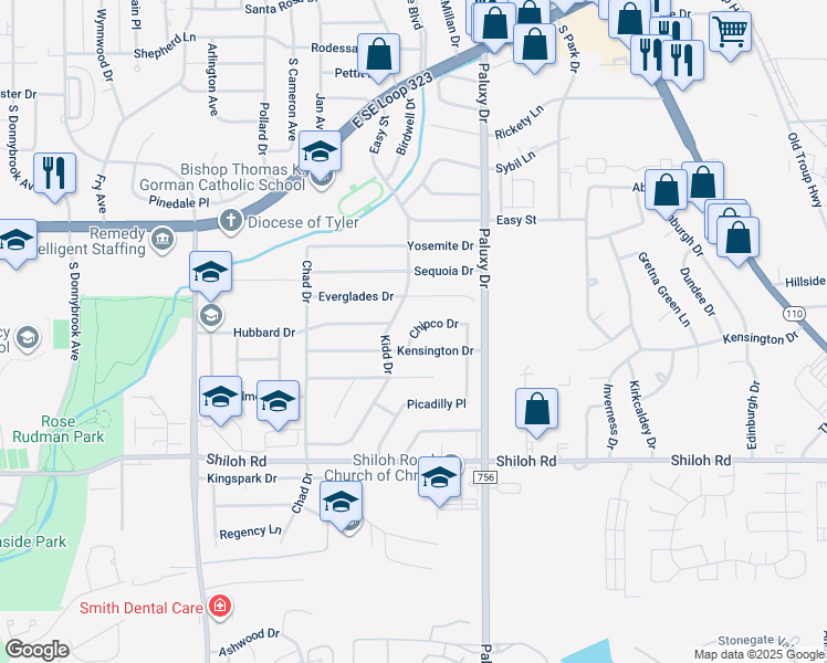 map of restaurants, bars, coffee shops, grocery stores, and more near 1708 Chipco Drive in Tyler