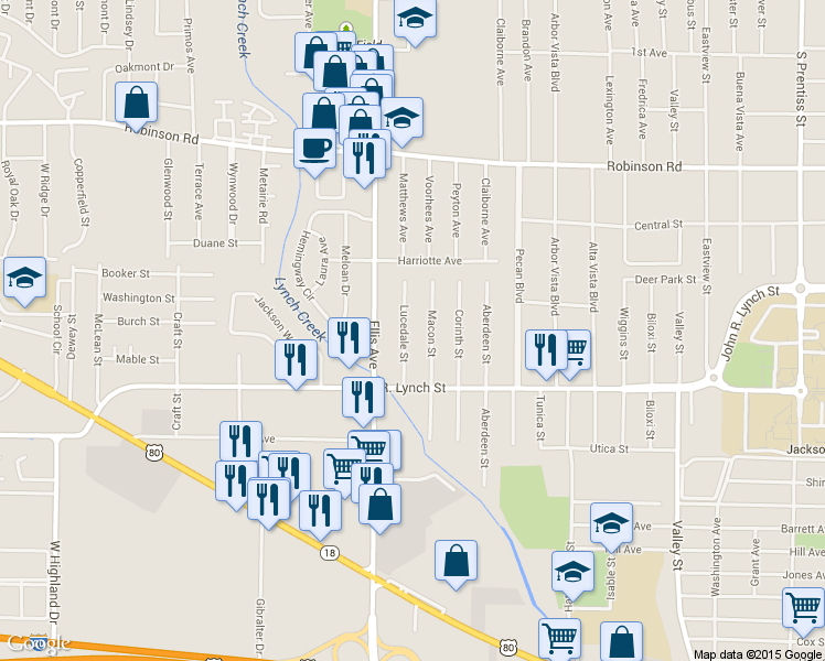 map of restaurants, bars, coffee shops, grocery stores, and more near 1140 Lucedale Street in Jackson