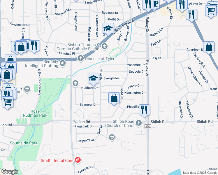 map of restaurants, bars, coffee shops, grocery stores, and more near 1423 Hubbard Drive in Tyler