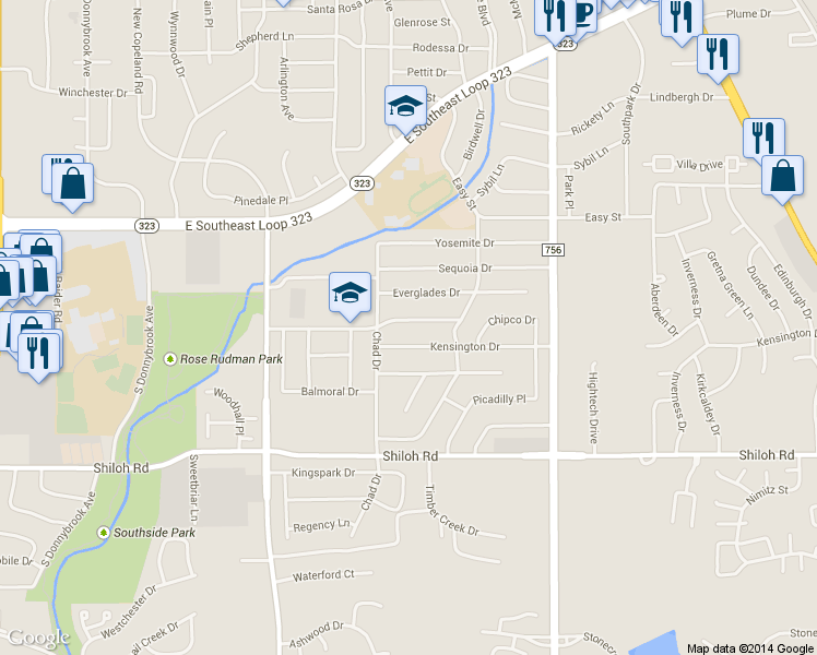 map of restaurants, bars, coffee shops, grocery stores, and more near 1423 Hubbard Drive in Tyler