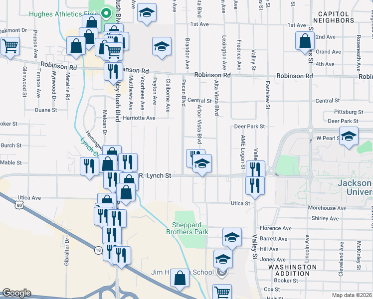 map of restaurants, bars, coffee shops, grocery stores, and more near 1132 Pecan Boulevard in Jackson
