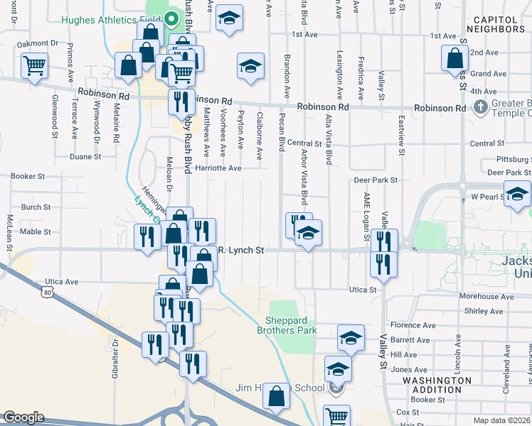 map of restaurants, bars, coffee shops, grocery stores, and more near 1139 Aberdeen Street in Jackson