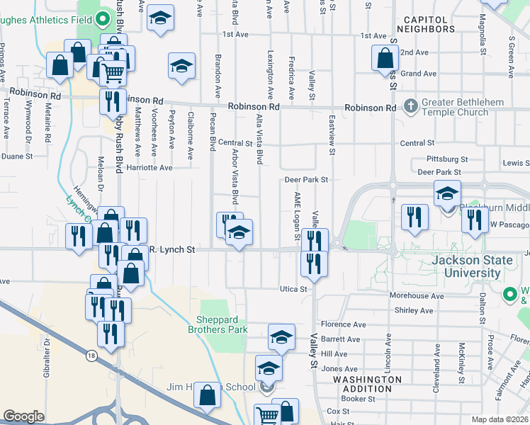 map of restaurants, bars, coffee shops, grocery stores, and more near 1124 Alta Vista Boulevard in Jackson