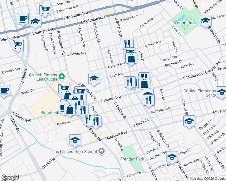 map of restaurants, bars, coffee shops, grocery stores, and more near 1241 South Espina Street in Las Cruces