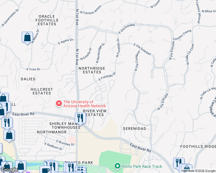 map of restaurants, bars, coffee shops, grocery stores, and more near 5117 North Pelican River Way in Tucson