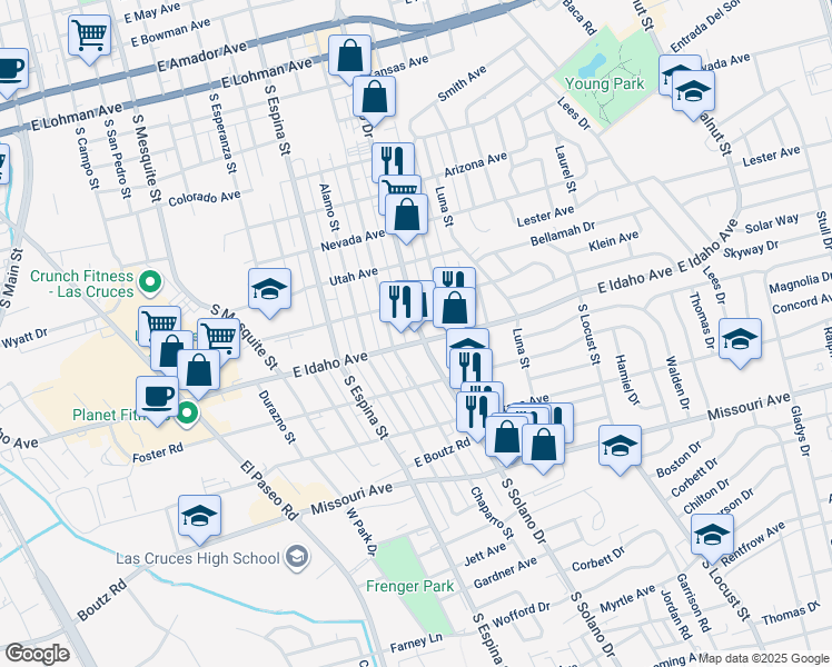 map of restaurants, bars, coffee shops, grocery stores, and more near 1228 South Solano Drive in Las Cruces