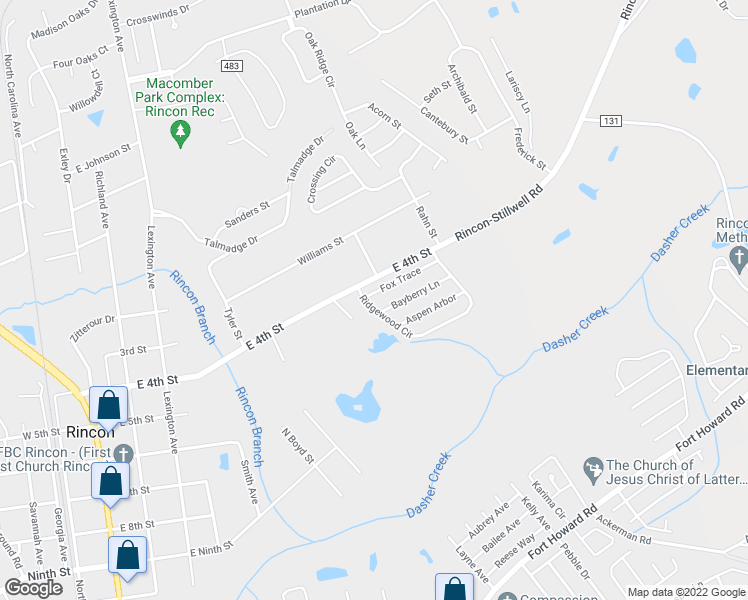 map of restaurants, bars, coffee shops, grocery stores, and more near 121 Fox Trace in Rincon