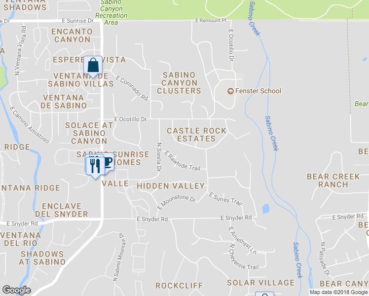 map of restaurants, bars, coffee shops, grocery stores, and more near 8250 East Big Horn Trail in Tucson