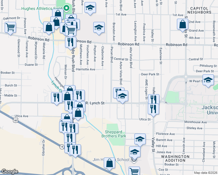 map of restaurants, bars, coffee shops, grocery stores, and more near 1132 Pecan Boulevard in Jackson