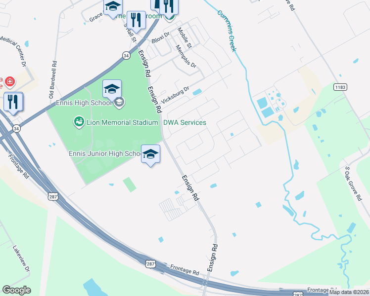 map of restaurants, bars, coffee shops, grocery stores, and more near 3027 Ensign Rd in Ennis